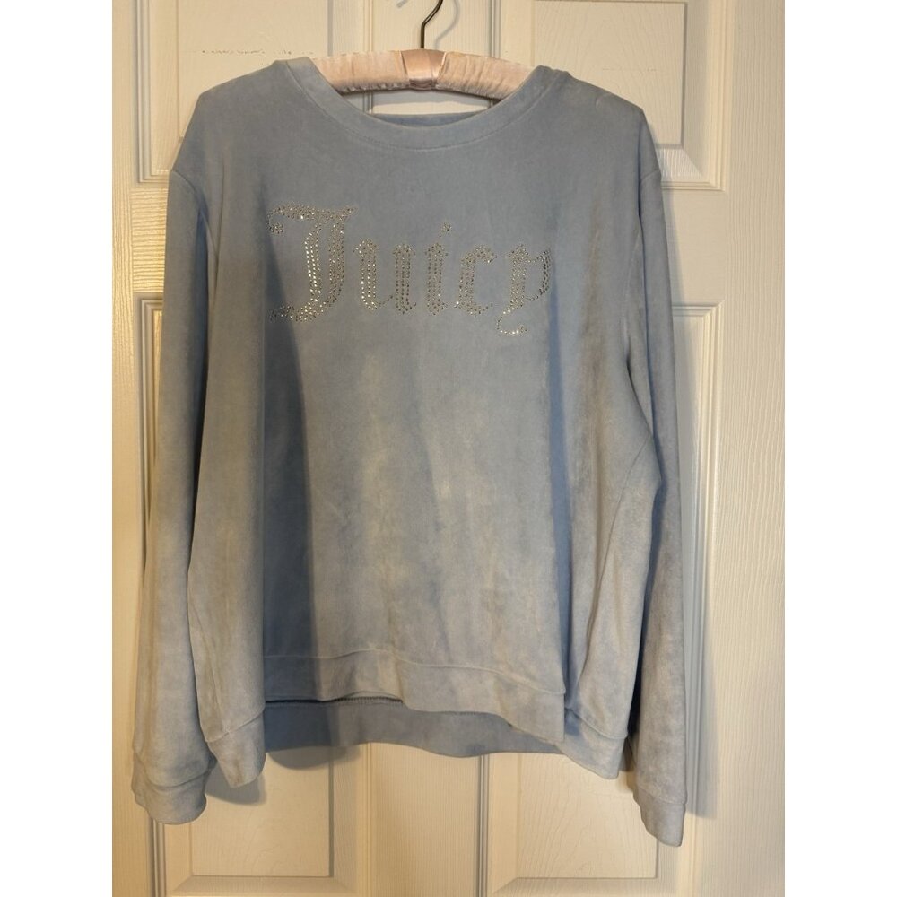 Juicy Couture Velour 2pc Top Track Pants Set Y2K Blue Crystals Women’s L Large - Picture 7 of 10